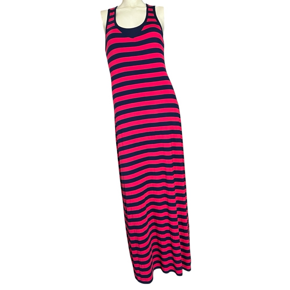 Caslon Vibrant Pink and Navy Striped Maxi Dress Med Petite